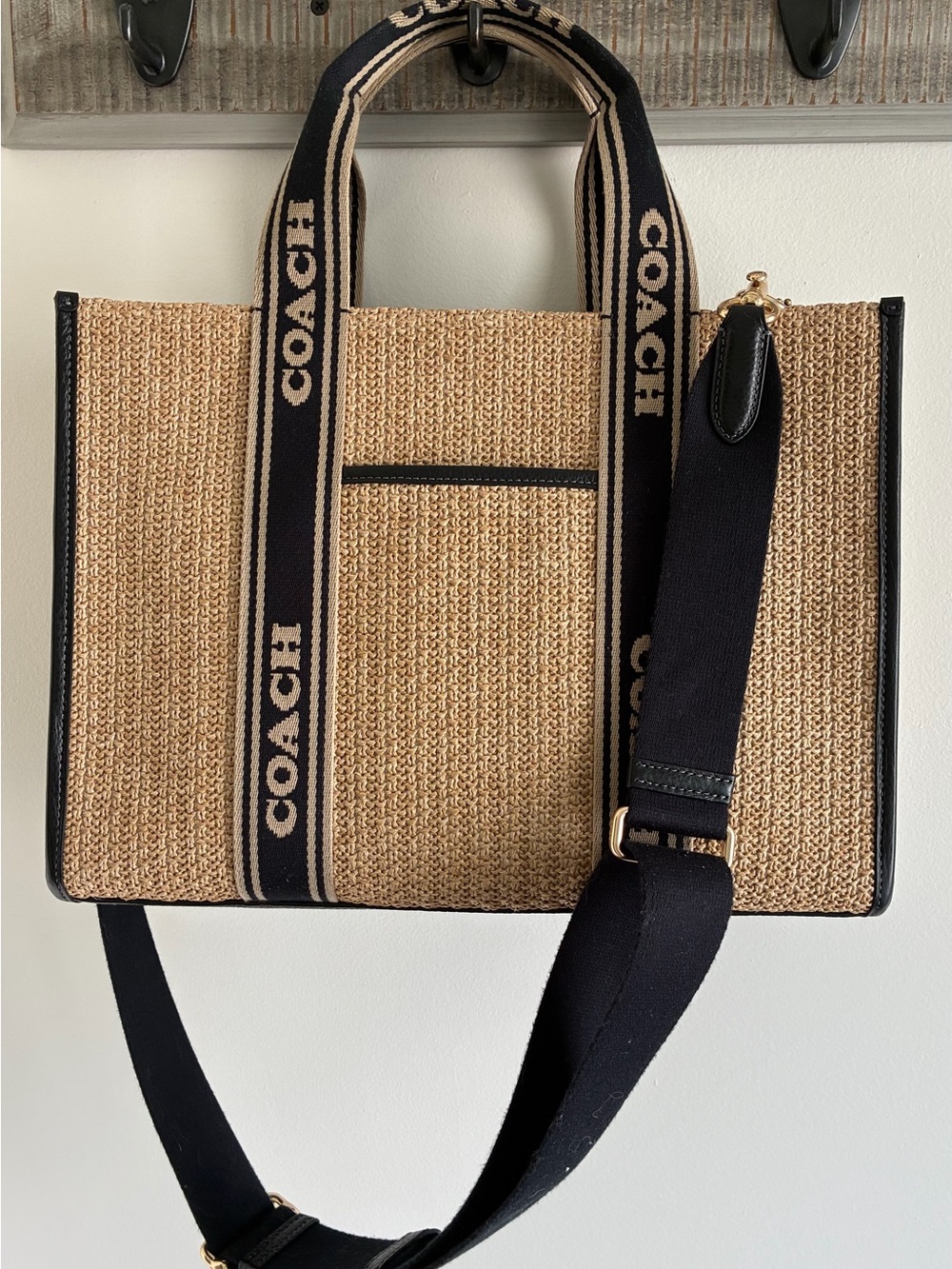 Coach Straw Tote in Tan with Black Trim and Logo Straps